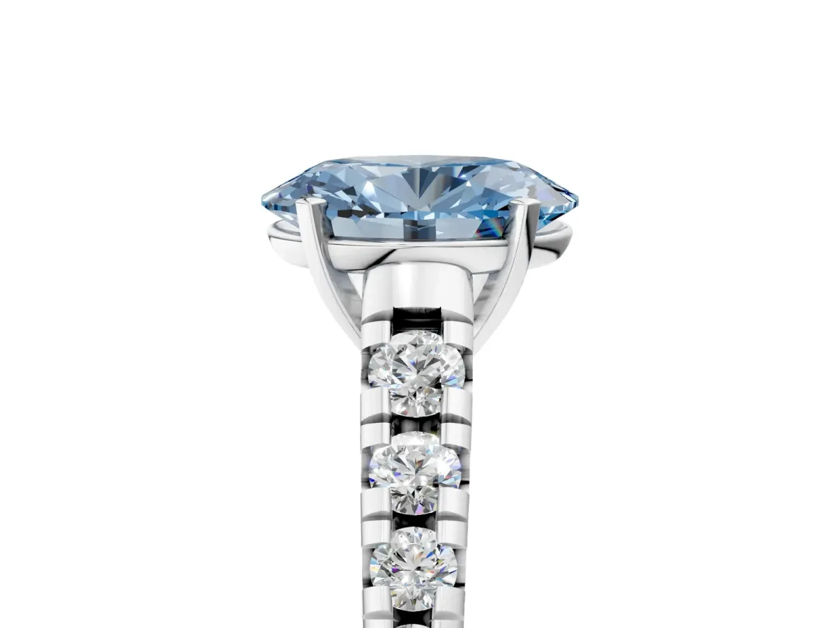 Fancy Blue Oval Cut Diamond Cathedral Solitaire Ring with Round Pavé Band Silver