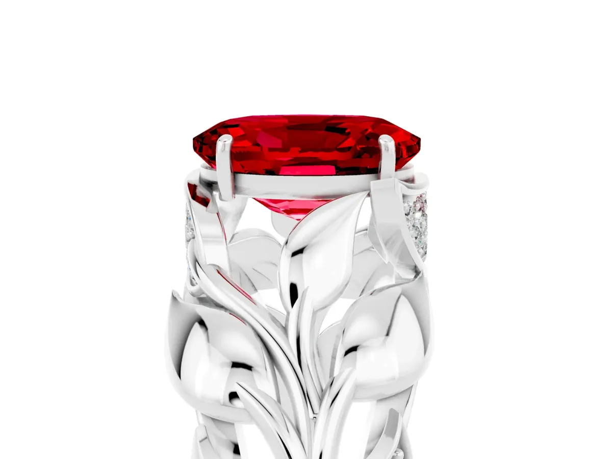 Oval Cut Ruby Leaf-Inspired Engagement Ring with Round Accents and Prong Setting White gold