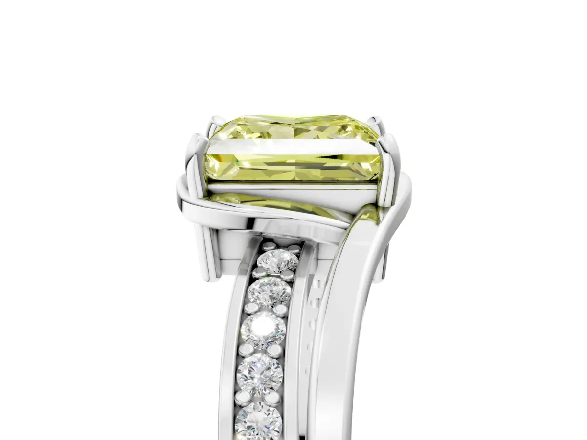 Fancy Yellow Princess Cut Diamond Solitaire Ring with Split Shank and Prong Setting Platinum