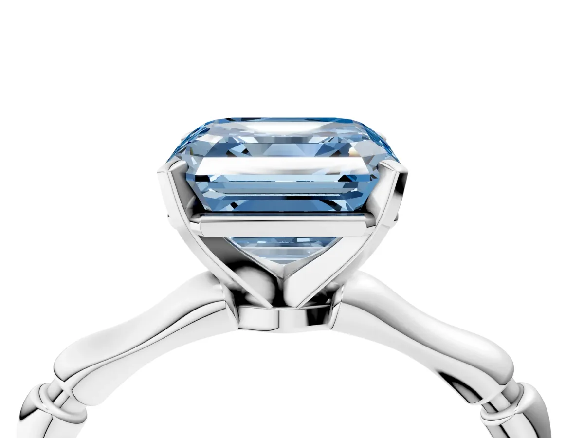 Fancy Blue Asscher Cut Solitaire Diamond Ring with Bamboo Band and Four-Prong Setting Platinum