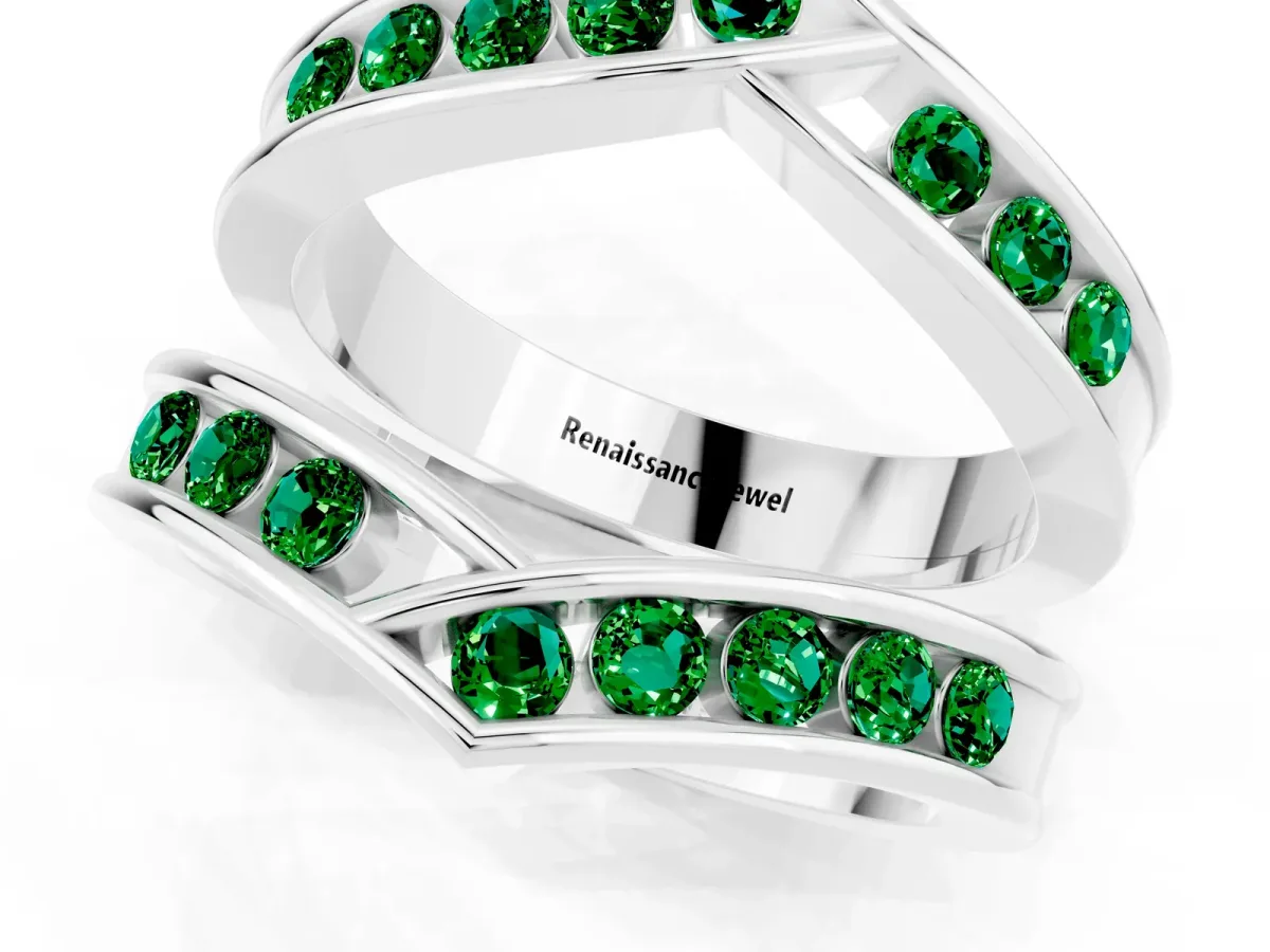 Round Emerald Channel-Set Chevron Band Silver