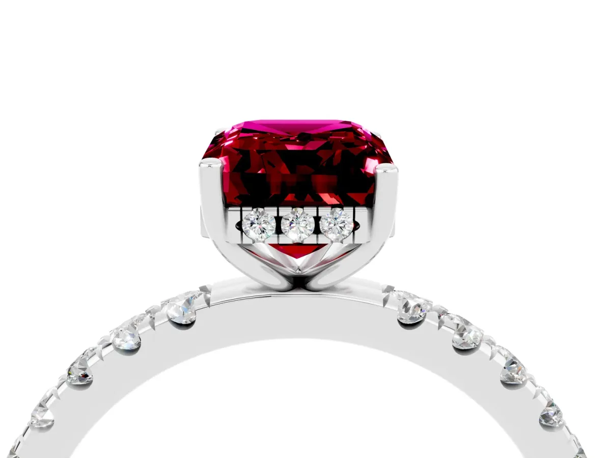 Emerald Cut Garnet Pave Band Solitaire Ring with Round and Prong Setting Platinum