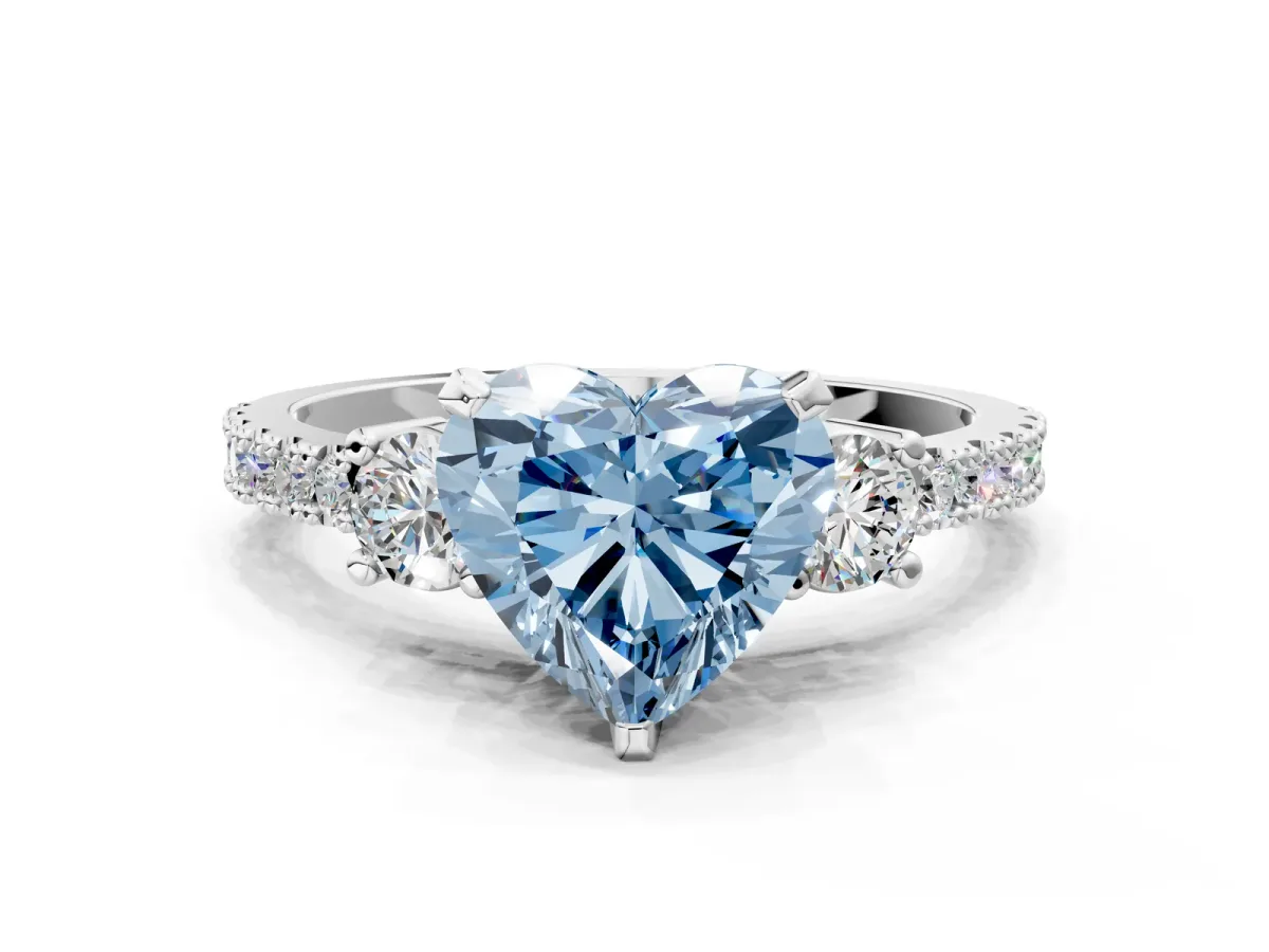 Fancy Blue Heart Cut Cut Three-Stone Diamond Pavé Band with Prong Setting Platinum