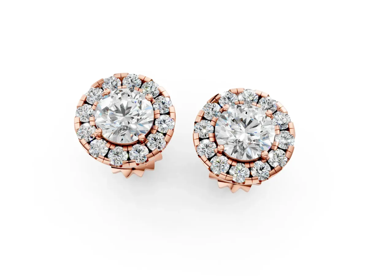 Round Cut Diamond Halo Stud Earrings Rose gold