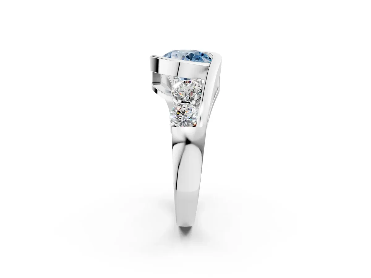 Fancy Blue Bezel Set Round Cut Diamond Bypass Ring with Round Accents Platinum