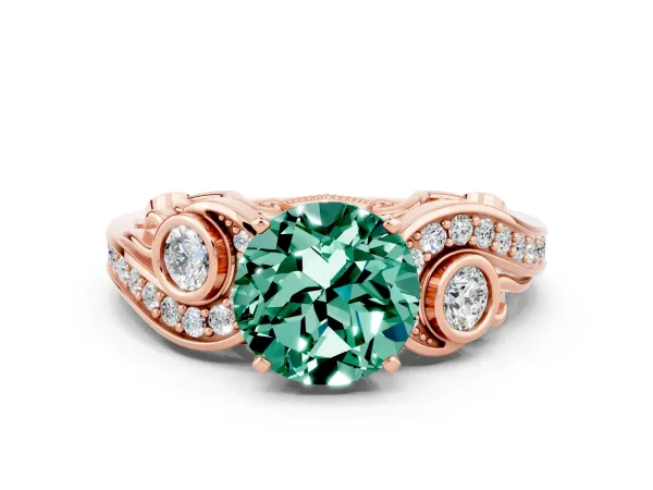 Round Cut Green Sapphire Solitaire Ring with Milgrain Pavé Band and Four-Prong Setting Rose gold