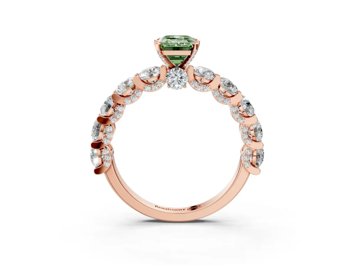 Fancy Green Emerald Cut Diamond Side Stone Engagement Ring with Four-Prong Setting Rose gold