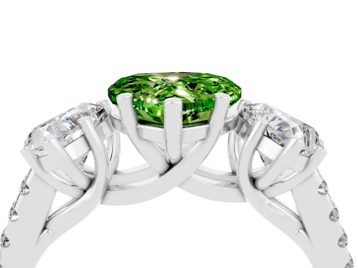 Three-Stone Heart Cut Peridot Ring with Round Pavé Band and Prong Setting Platinum