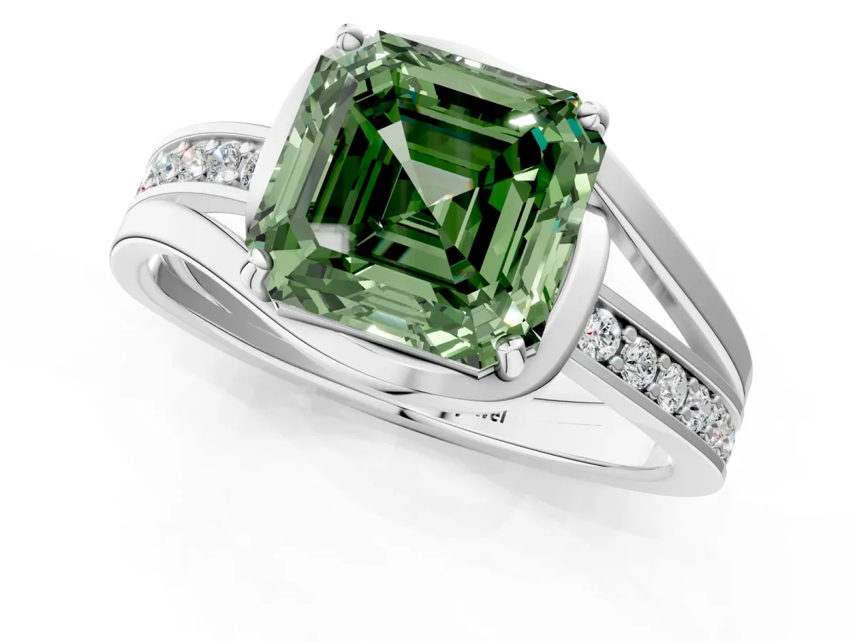 Fancy Green Asscher Cut Diamond Solitaire Ring with Split Shank and Prong Setting Platinum