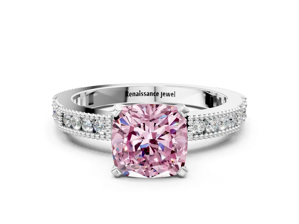Fancy Pink Cushion Cut Solitaire with Pavé Band and Four-Prong Setting Silver