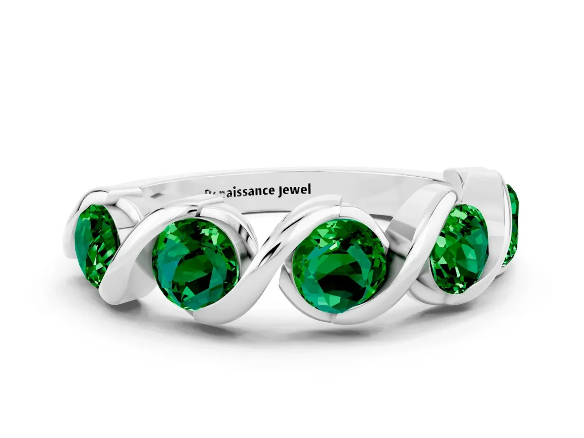 Round Emerald Wave Band with Channel Setting and Shared Prongs Platinum