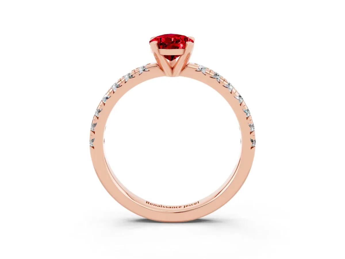 Pear Cut Ruby Solitaire Pavé Engagement Ring with Round Band and Prong Setting Rose gold