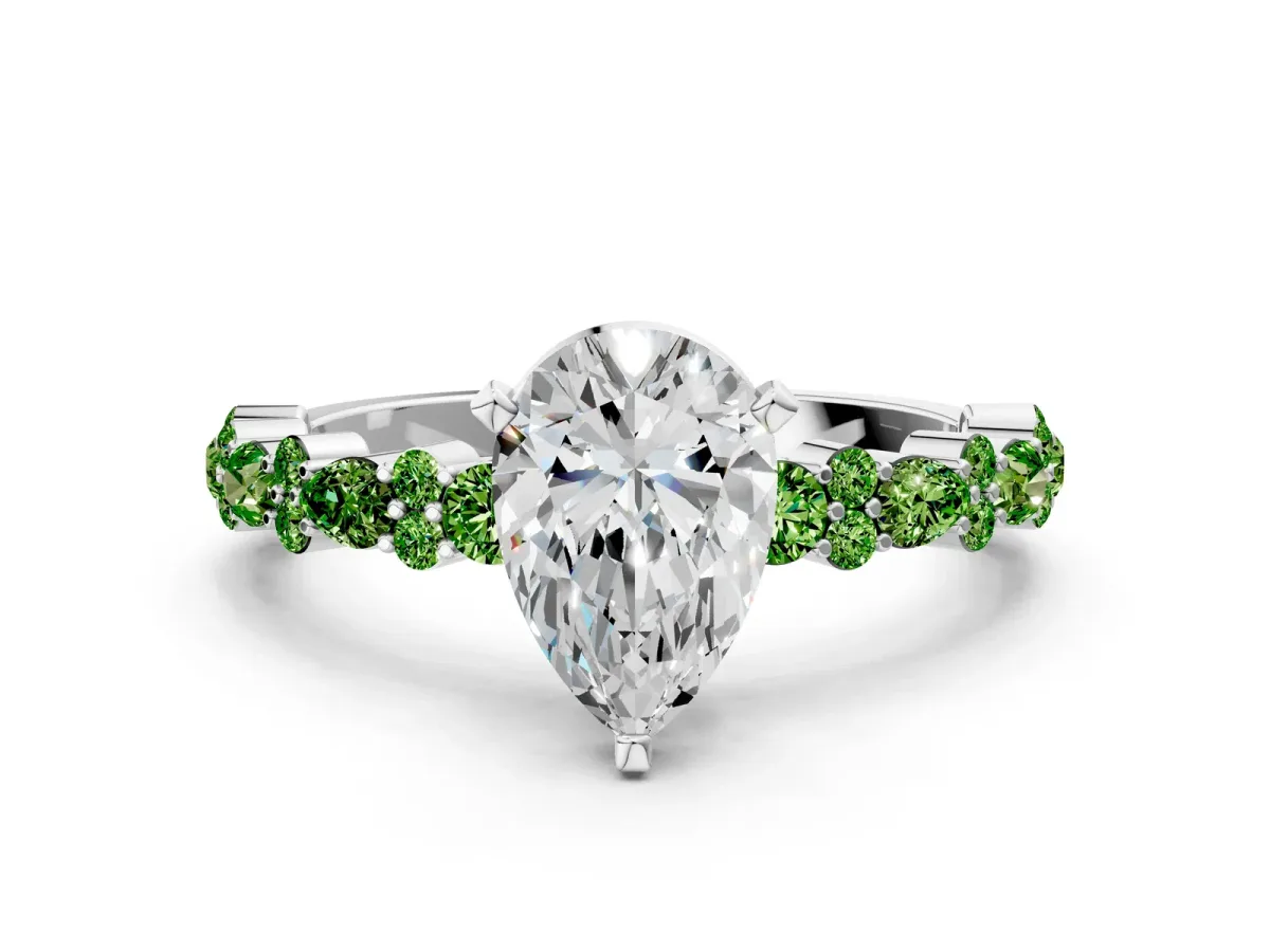 Pear Cut Diamond Side Stone Solitaire Ring with Round Peridot and Four-Prong Setting White gold