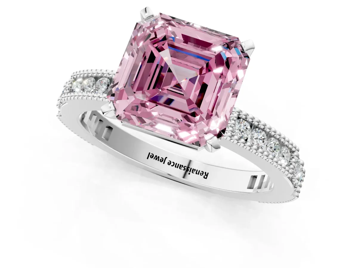 Fancy Pink Asscher Cut Solitaire with Pavé Band and Four-Prong Setting Silver
