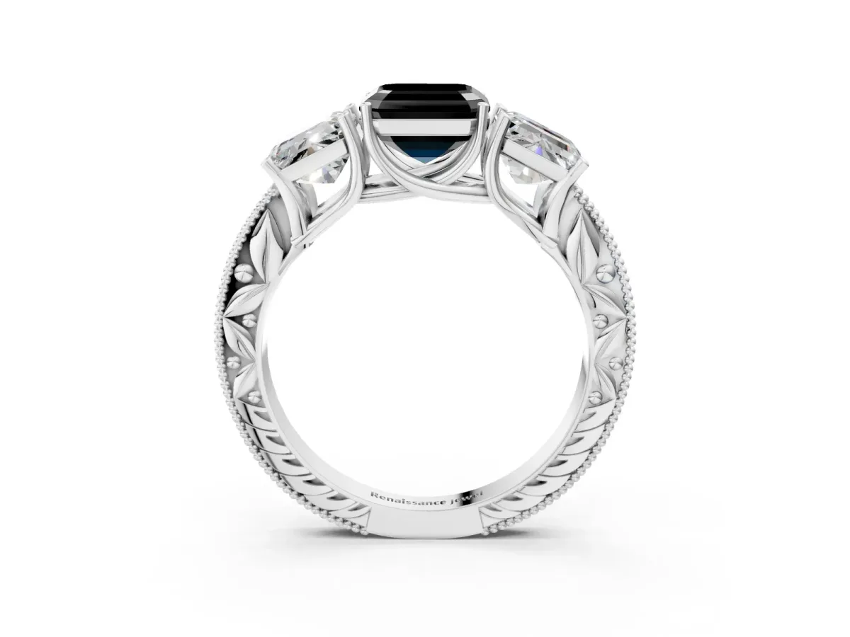 Fancy Black Three-Stone Asscher Cut Cut Milgrain Pavé Engagement Ring Platinum