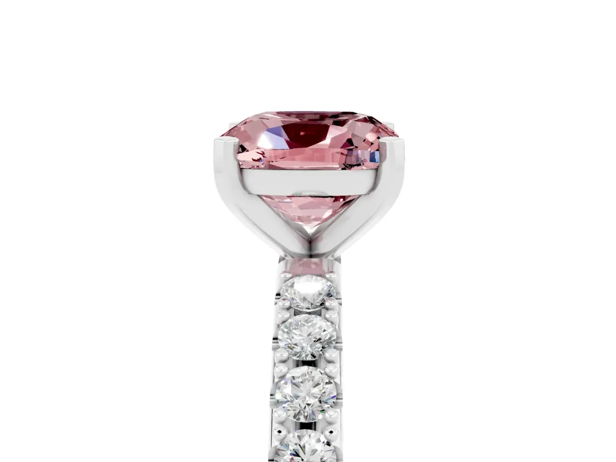 Cushion Cut Morganite Solitaire Pavé Band with Four-Prong Setting Silver