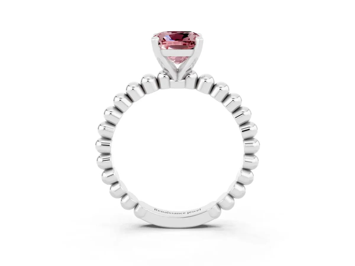 Cushion Cut Morganite Solitaire Ring with Beaded Band and Prong Setting Silver