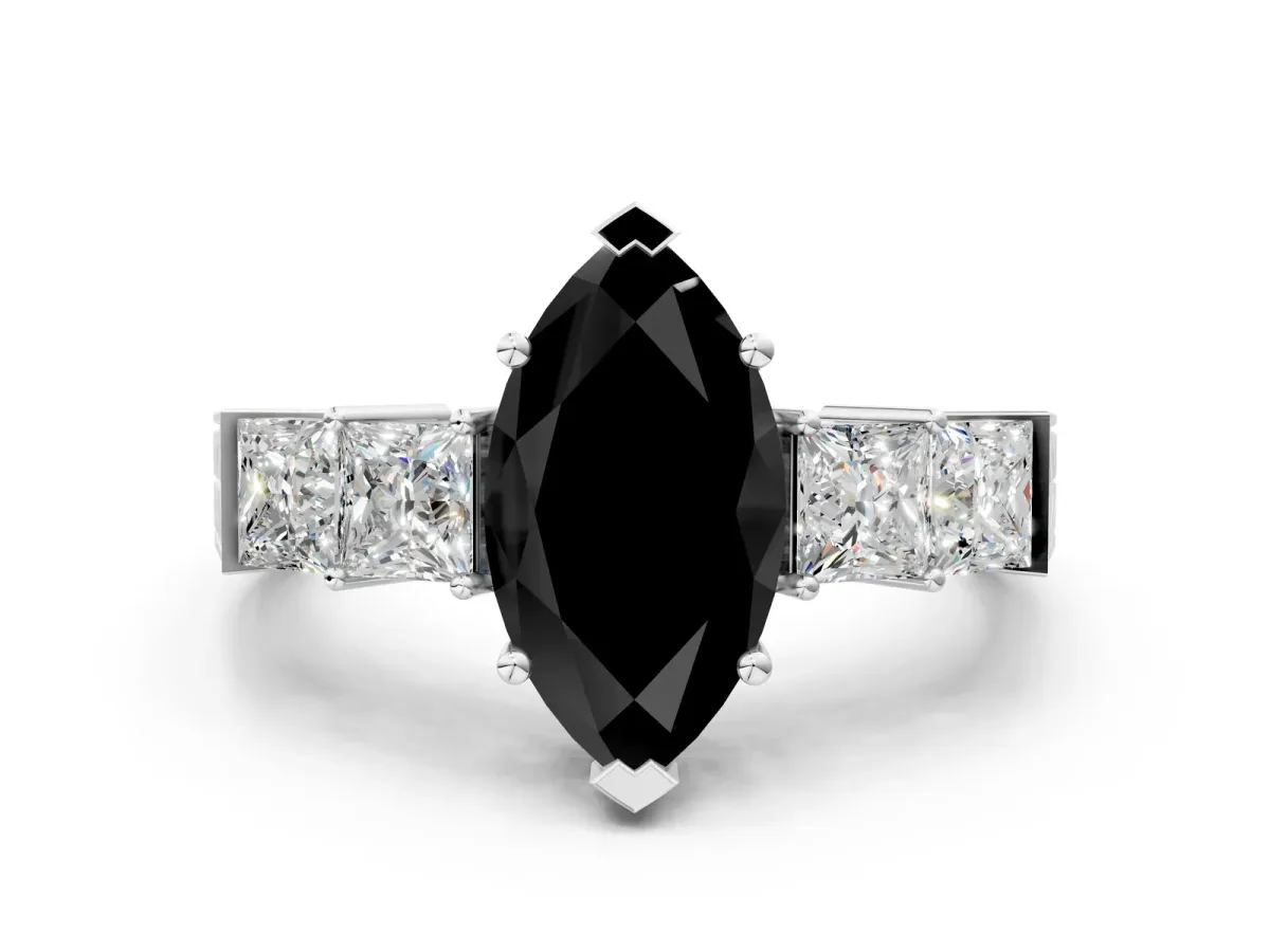 Fancy Black Marquise Cut Solitaire Princess Side Stone Engraved Band Prong Setting Ring Silver