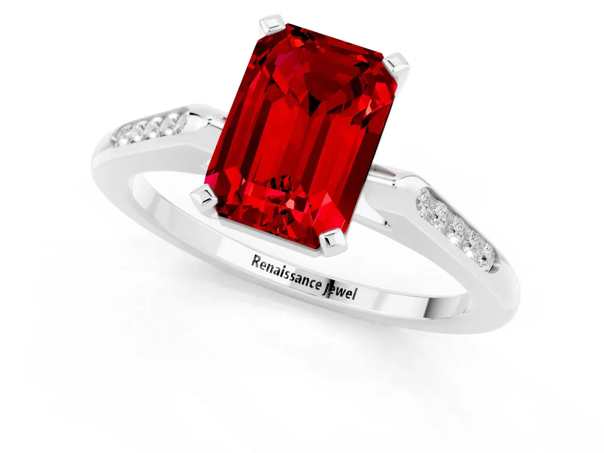 Emerald Cut Ruby Solitaire Ring with Channel Set Round Band and Prong Setting White gold