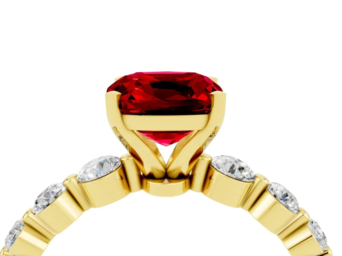 Cushion Cut Solitaire Ruby Ring with Pave Band and Four-Prong Setting Yellow gold