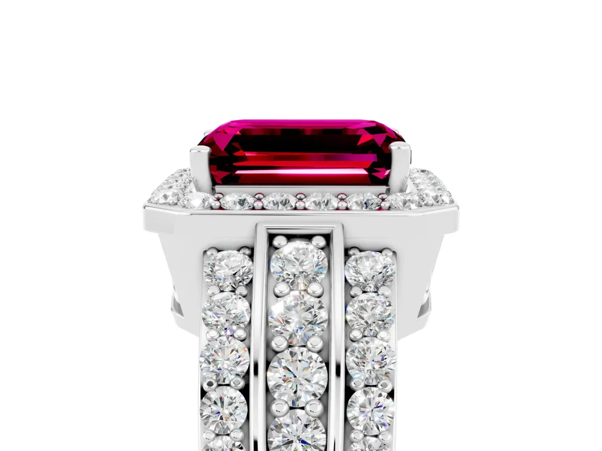 Emerald Cut Halo Garnet Ring with Round Split Shank and Prong Setting Silver