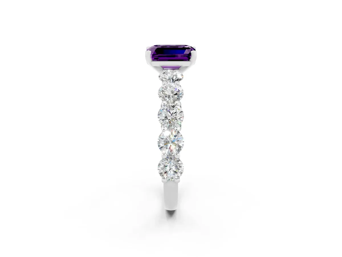 Emerald Cut Amethyst Prong Setting with Side Stones on a Pave Band Silver