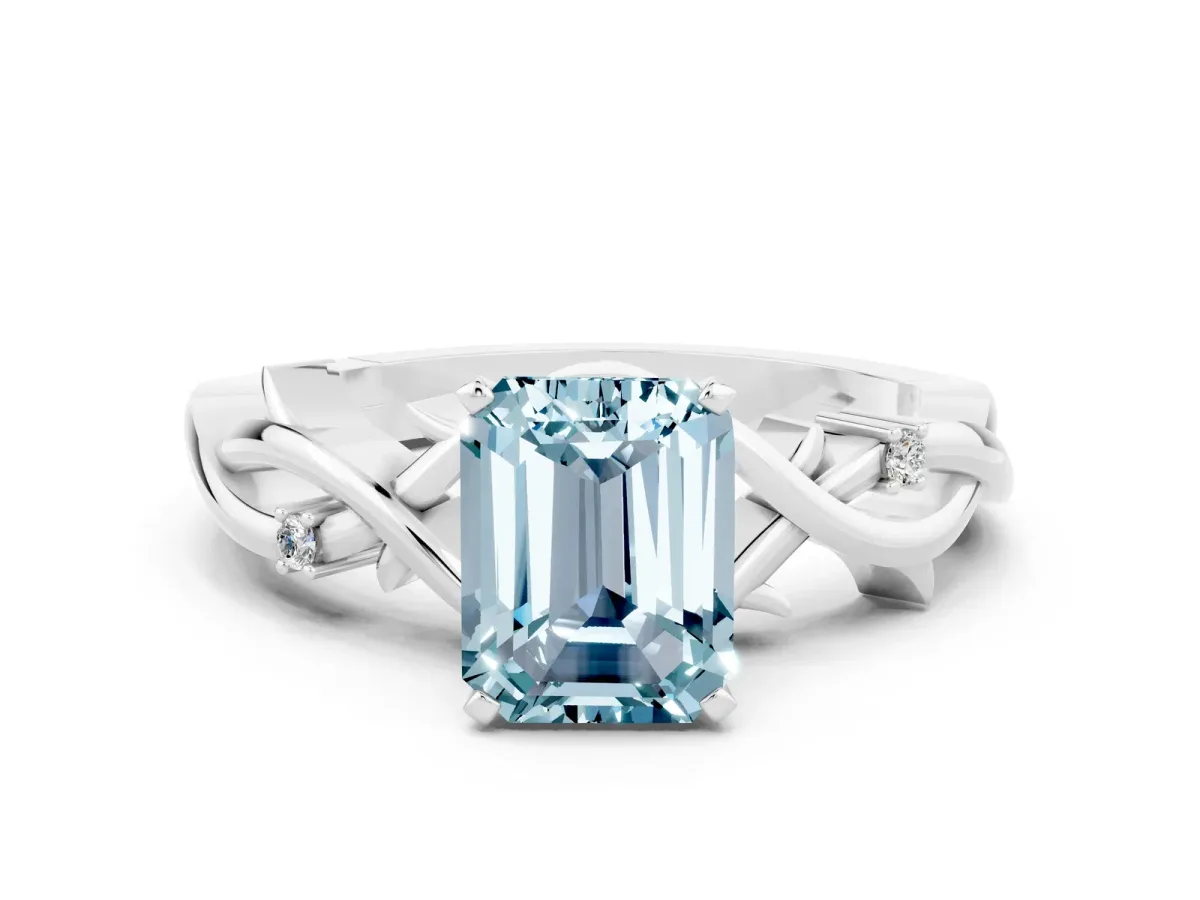 Emerald Cut Aquamarine Solitaire Ring with Twisted Band and Prong Setting Silver