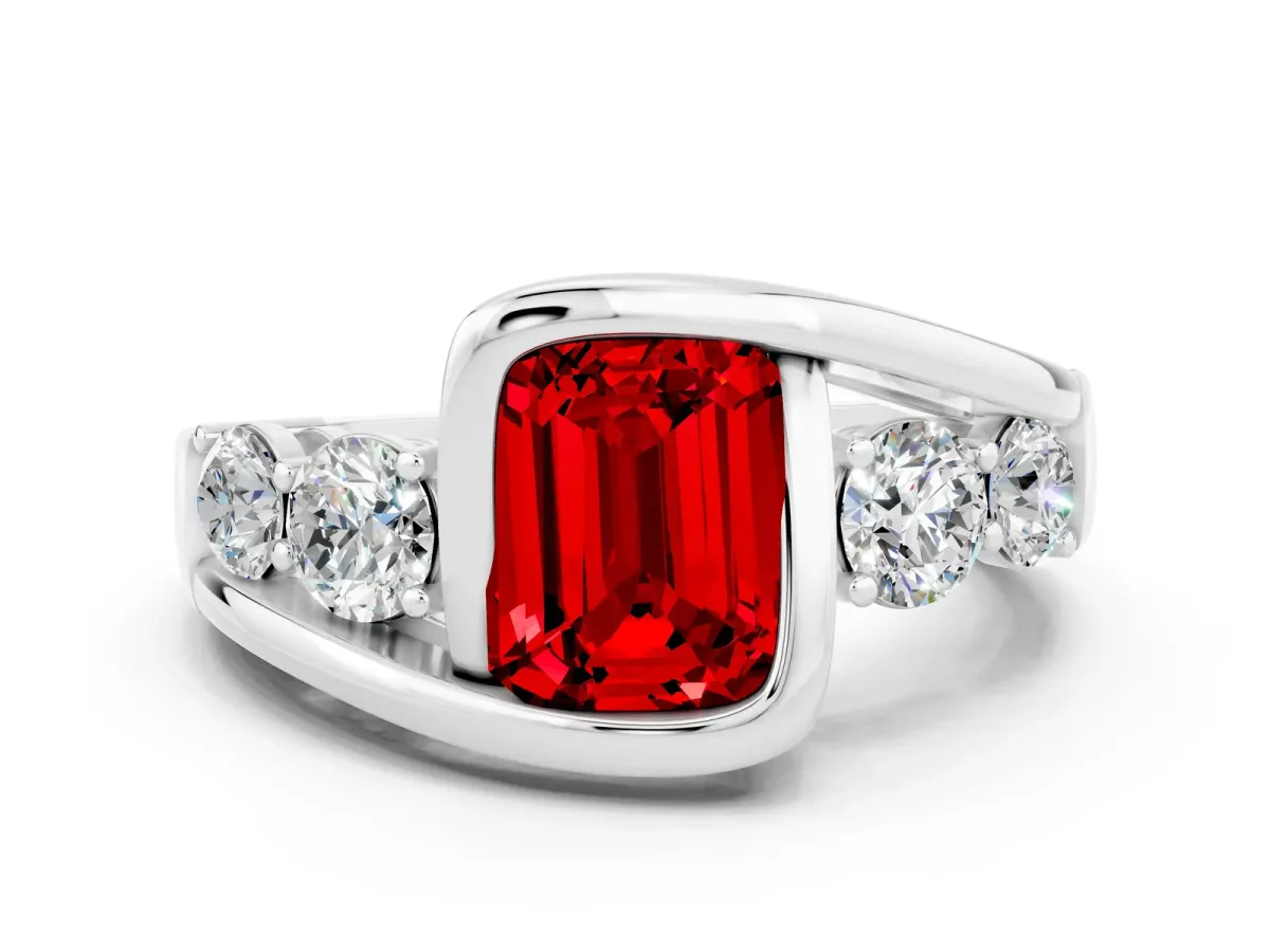 Bezel Set Emerald Cut Ruby Bypass Ring with Round Accents Silver