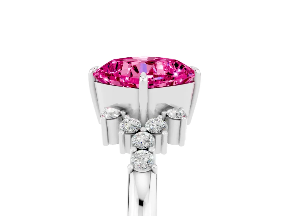 Cushion Cut Pink Sapphire Ring with Side Stones and Four-Prong Setting Silver