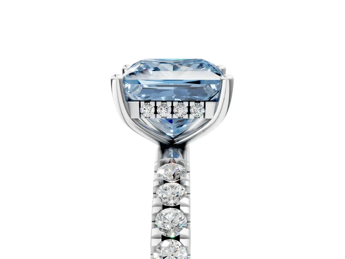 Fancy Blue Princess Cut Diamond Pave Band Solitaire Ring with Round and Prong Setting Silver