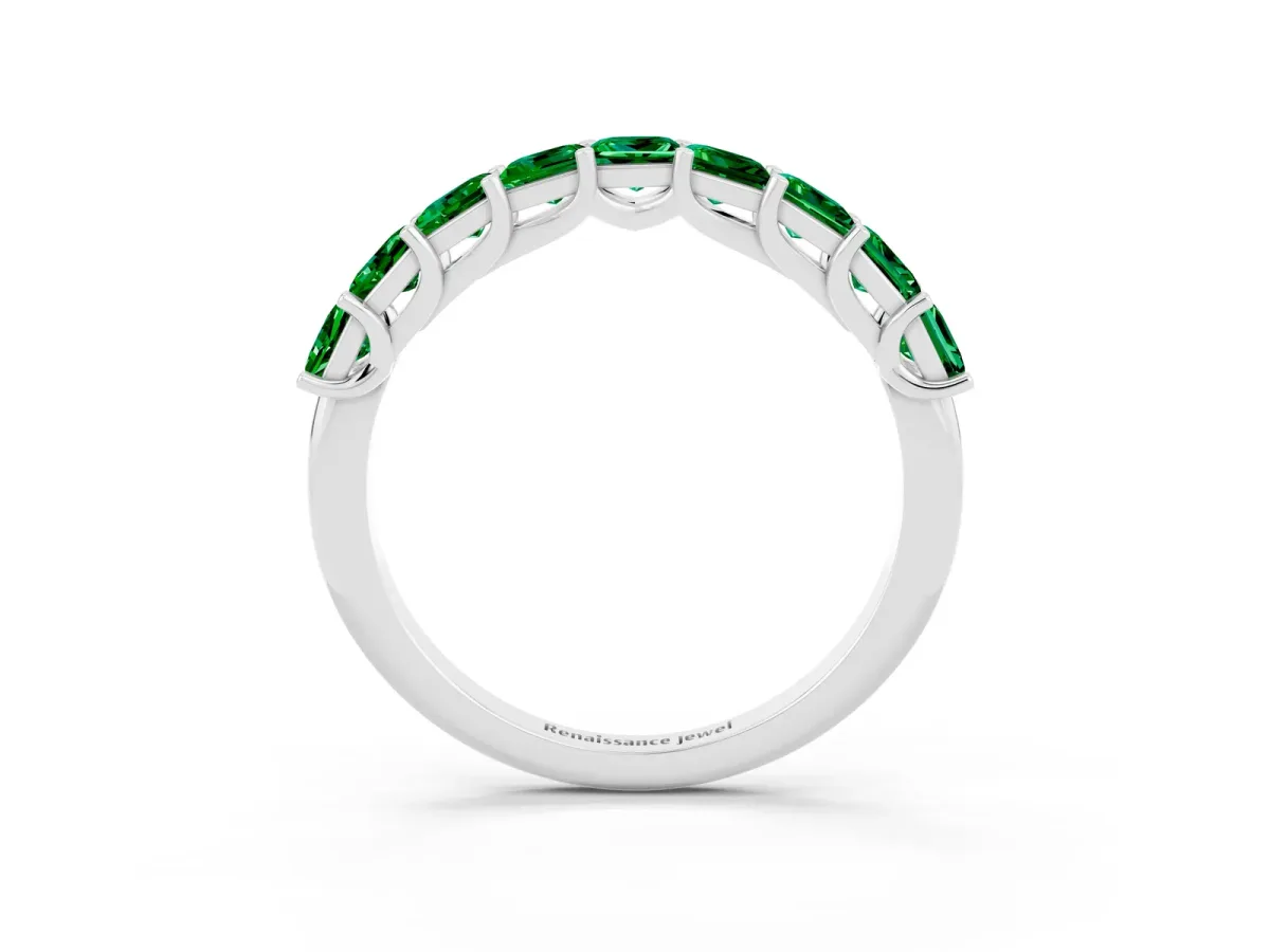 Princess Cut Emerald Channel-Set Eternity Band with Prong Setting Silver