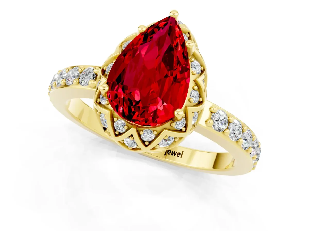 Pear Cut Ruby Scalloped Halo Engagement Ring with Round Shared Prong Band Yellow gold