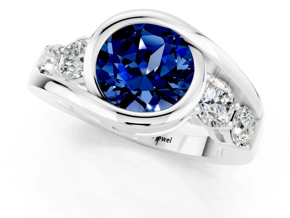 Bezel Set Round Cut Blue Sapphire Bypass Ring with Round Accents Platinum