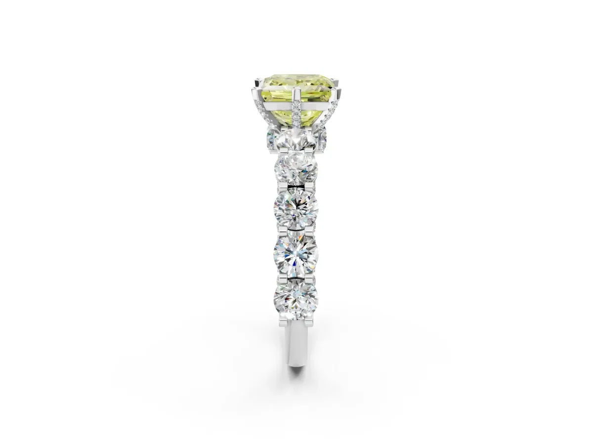 Fancy Yellow Princess Cut Diamond Side Stone Engagement Ring with Four-Prong Setting Platinum