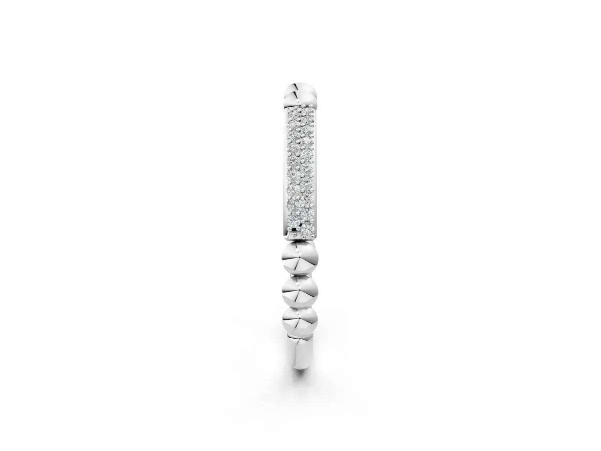 Pave Round Diamond Beaded Band with Shared Prong Setting Silver