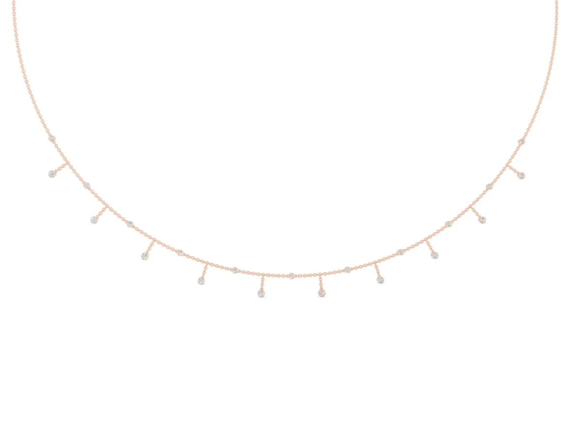 Round Bezel Set Diamond Station Necklace with Cable Chain Rose gold