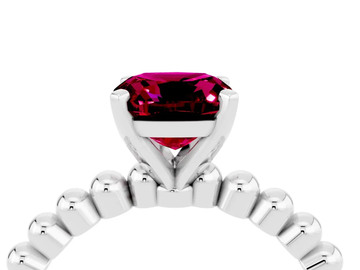 Cushion Cut Garnet Solitaire Ring with Beaded Band and Prong Setting Platinum