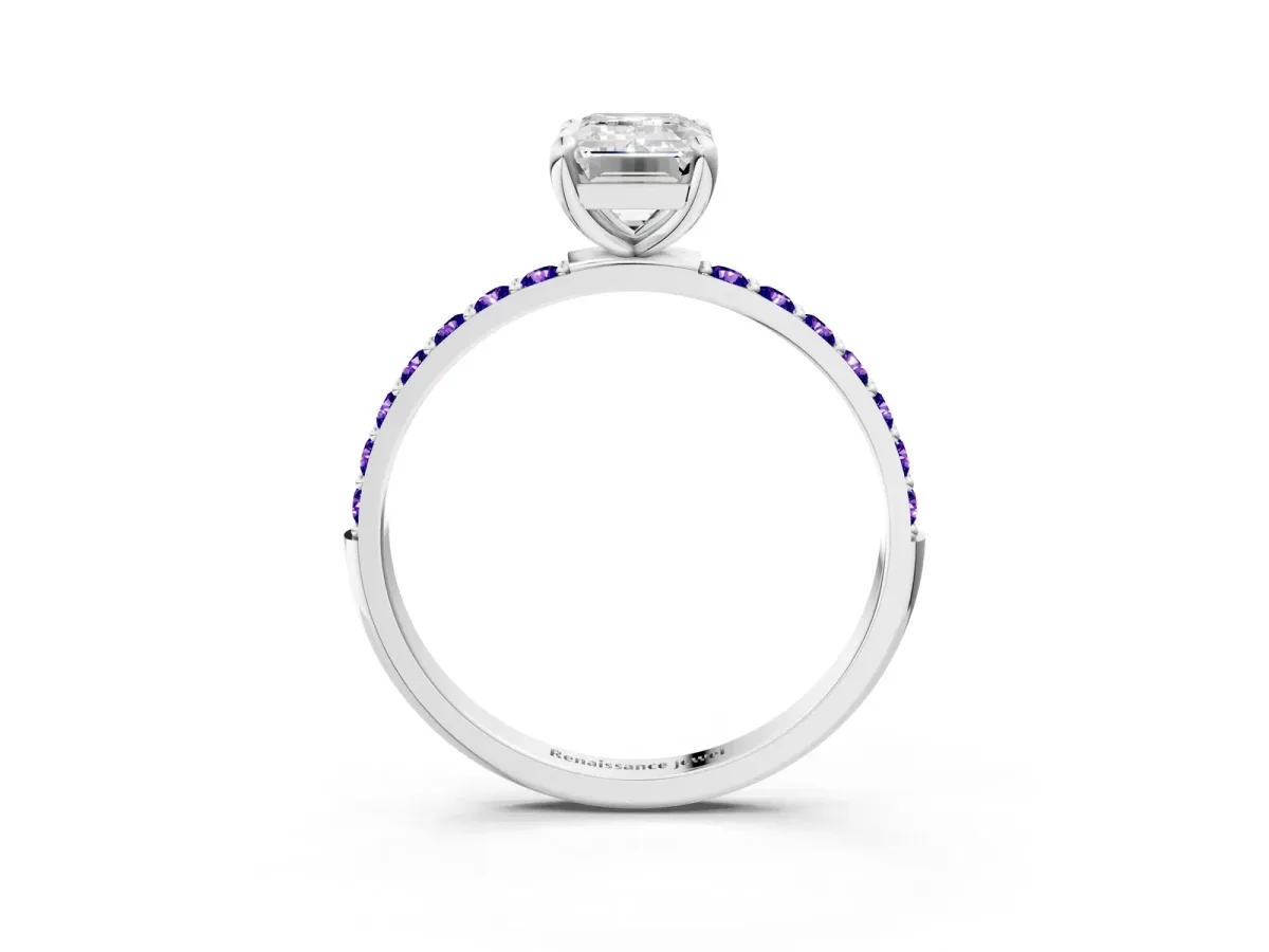 Emerald Cut Diamond Solitaire Ring with Round Tanzanite Pavé Band and Prong Setting Silver