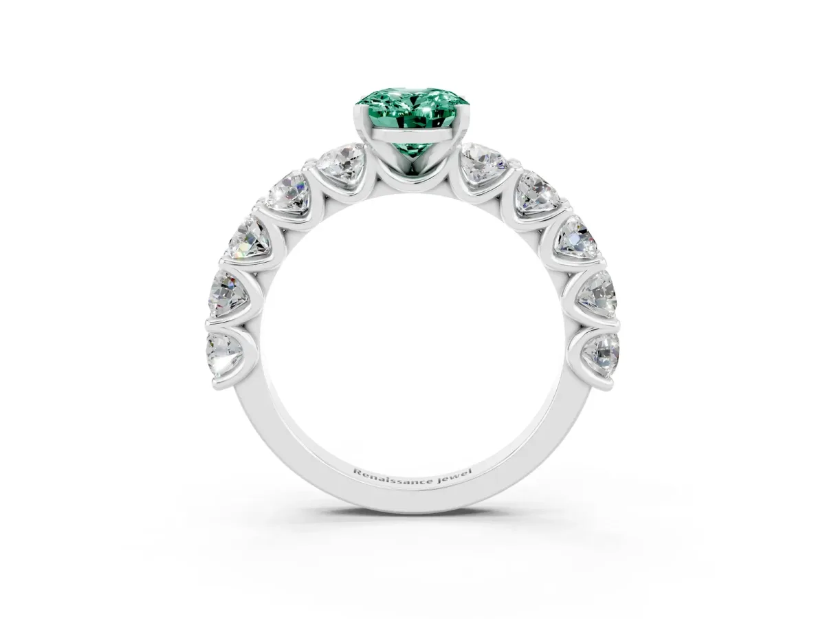 Oval Cut Green Sapphire Prong Setting with Side Stones on a Pave Band Silver