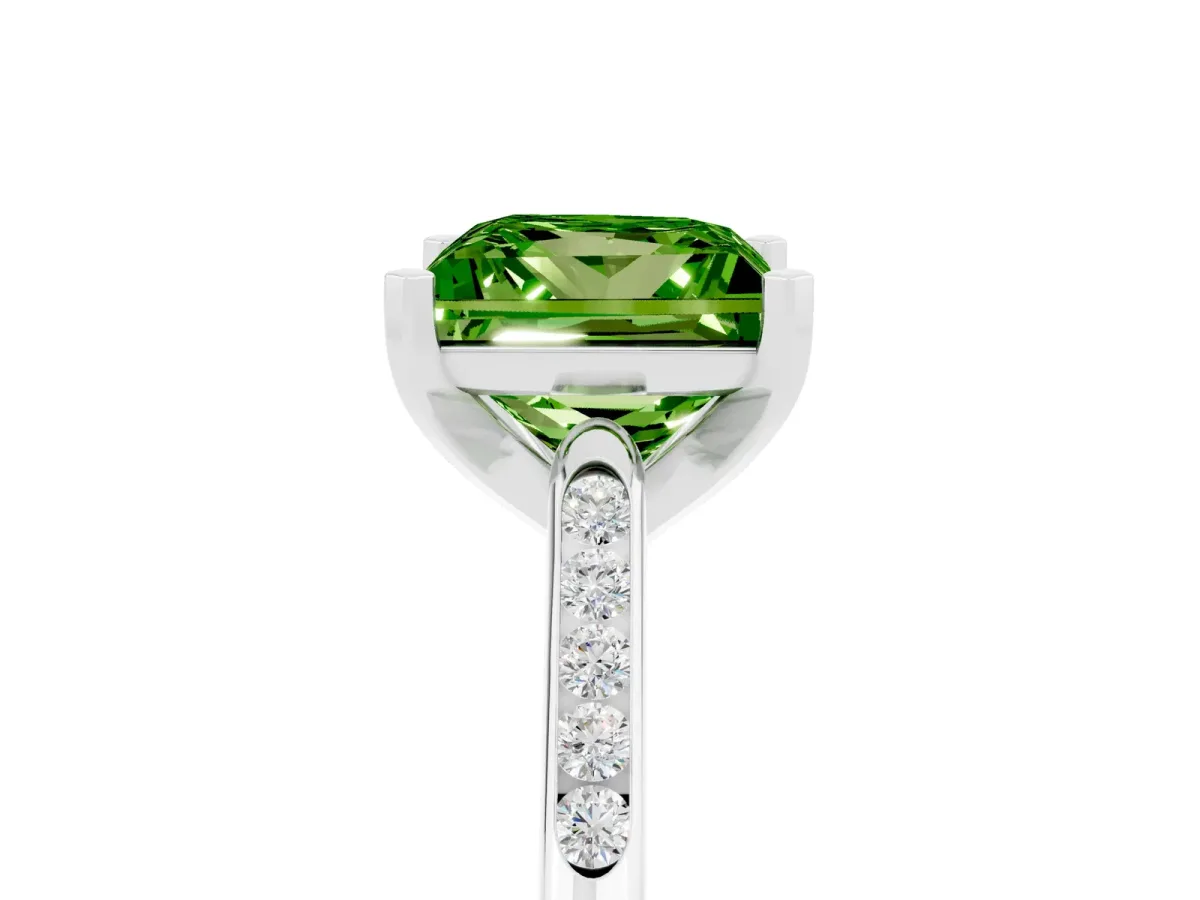 Princess Cut Peridot Solitaire Ring with Channel Set Round Band and Prong Setting Silver
