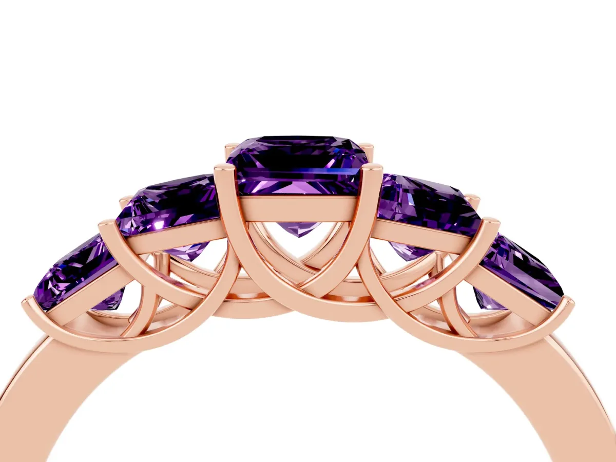 Princess Cut Five-Stone Amethyst Ring with Classic Prong Setting Rose gold