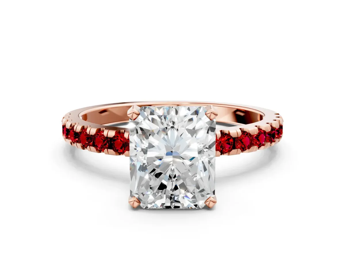 Radiant Cut Diamond Solitaire Ring with Round Ruby Pavé Band and Four-Prong Setting Rose gold