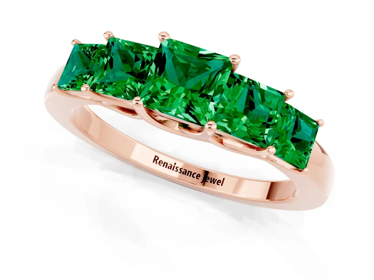 Princess Cut Five-Stone Emerald Ring with Classic Prong Setting Rose gold