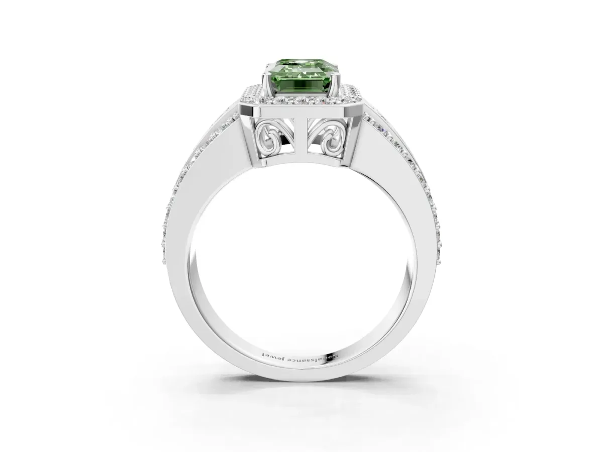 Fancy Green Emerald Cut Halo Diamond Ring with Round Split Shank and Prong Setting Silver