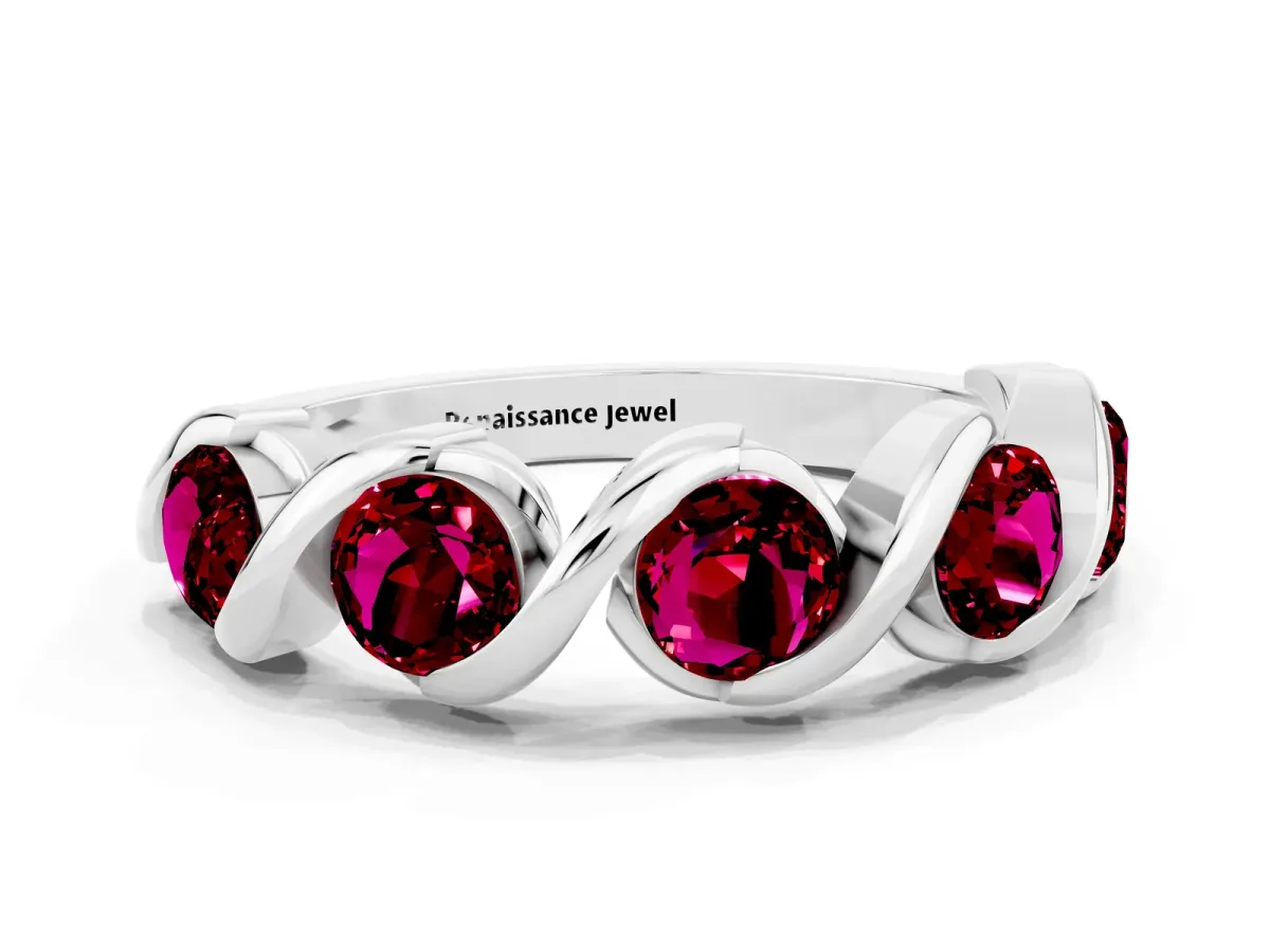 Round Garnet Wave Band with Channel Setting and Shared Prongs Silver