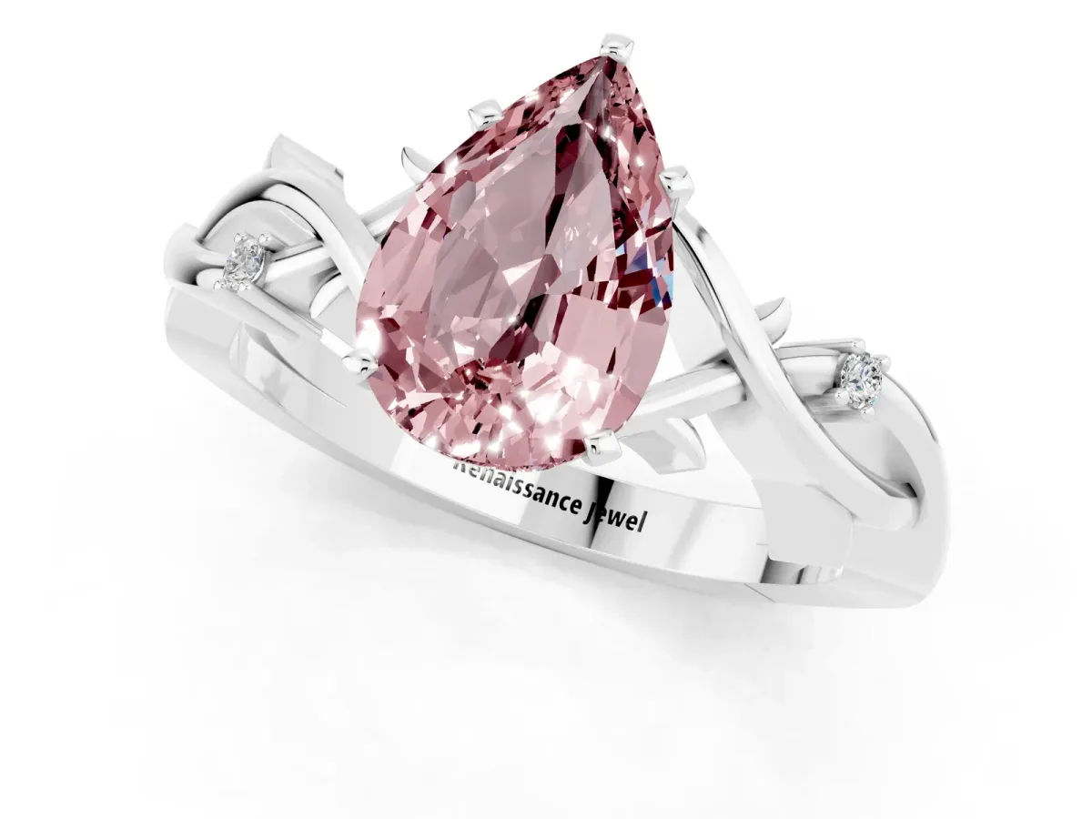 Pear Cut Morganite Solitaire Ring with Twisted Band and Prong Setting White gold