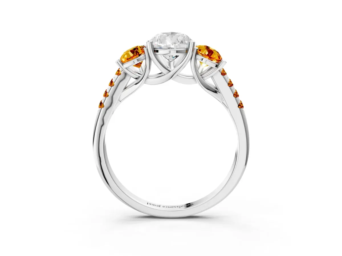 Three-Stone Pear Cut Diamond Ring with Round Citrine Pavé Band and Prong Setting Platinum