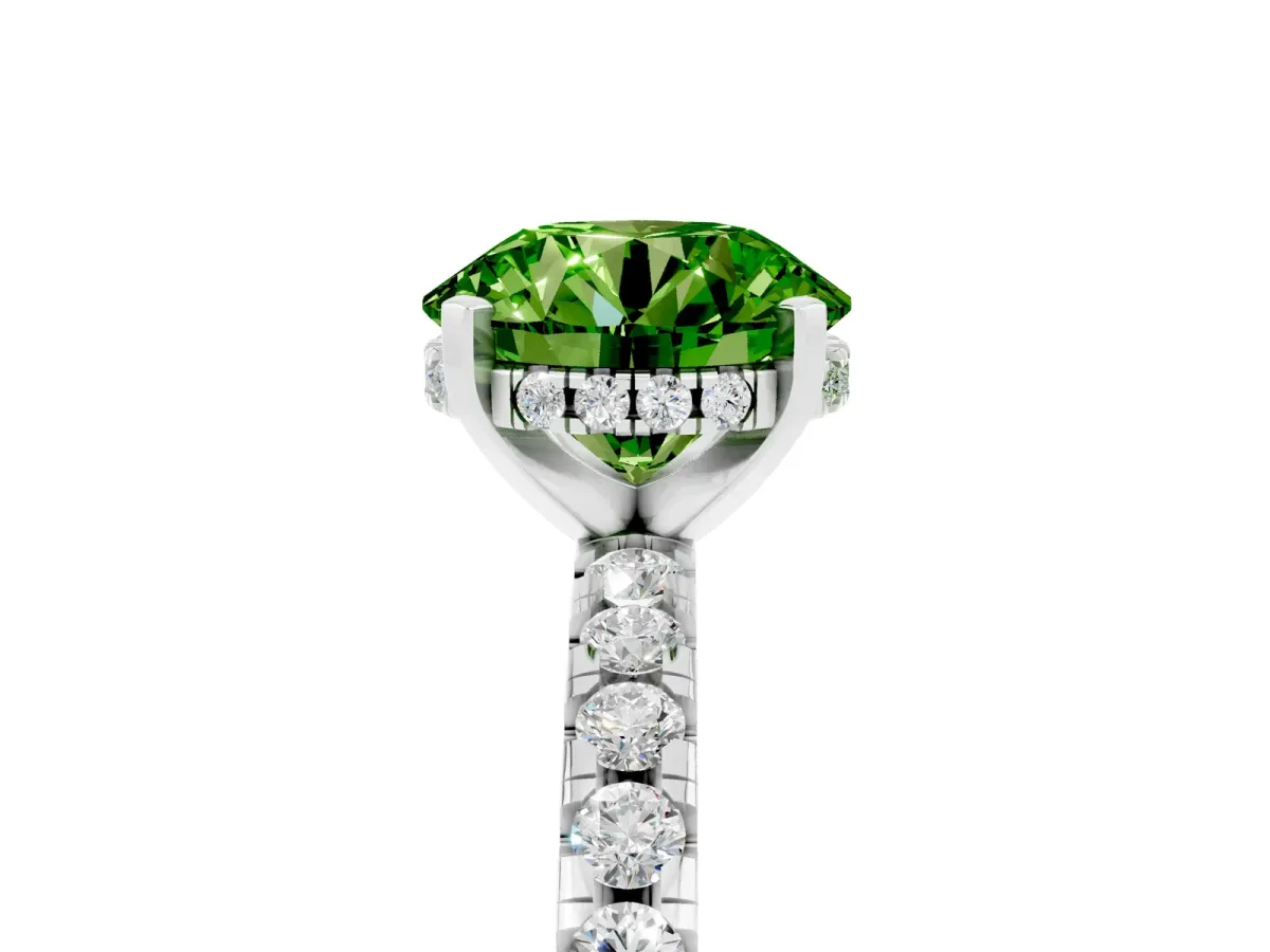 Round Cut Peridot Solitaire Ring with Round Pavé Band and Four-Prong Setting Silver