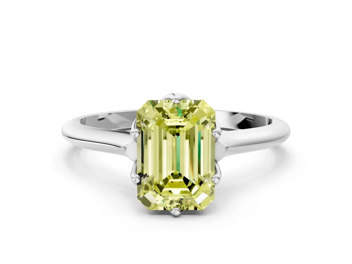 Fancy Yellow Emerald Cut Solitaire Cathedral Diamond Ring with Six-Prong Setting Silver