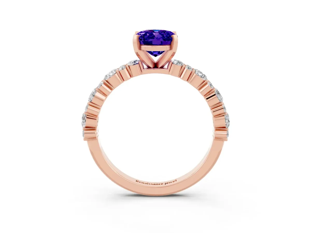 Oval Cut Tanzanite Side Stone Solitaire Ring with Round and Four-Prong Setting Rose gold